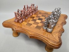 Vintage Handcrafted Wood Chess Set w/ Roman Diecast  Metal Pieces  Rustic Design