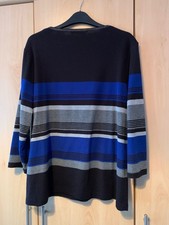 Ladies Bonmarche Jumper. Blue/Black/Grey Stripes. Size Large. Polyester/Cotton.