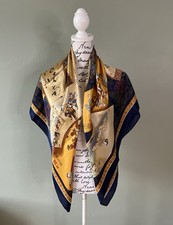 Vintage 100% Silk Satin Square Scarf Navy Yellow  & Beige Oriental Print 41” VGC