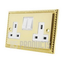 13 Amp Wall Double Plug Socket 2 Gang in Polished Brass GEORGIAN Style Plate