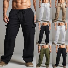 Mens Cotton Linen Cargo Pants Elasticated Waist Wide Leg Combat Work Trousers