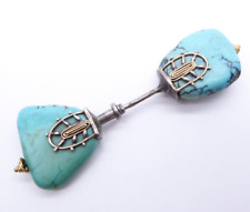 Antique Art Deco Natural Turquoise Silver Gold Jabot Pin