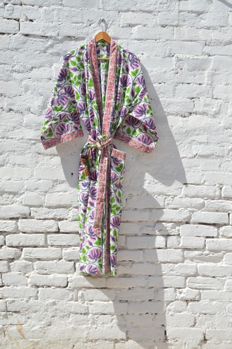 Hand block print long kimono - block,