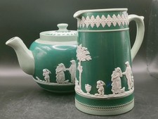 Dudson Brothers Jasperware Green Gloss Teapot & Jug Set England Vintage Rare
