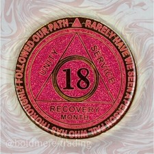 18 Month Alcoholics Anonymous Medallion Pink Gold Plated AA Sobriety Chip Coin