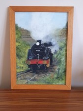 Steam Locomotive Oil Painting, Mid Century 1974 Steam Train Oil Painting