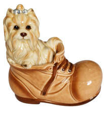 Yorkie Dog in Boot Figurine Vintage Ceramic Puppy in Shoe Ornament Collectable