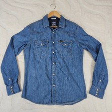 Vintage Wrangler Blue Denim Shirt Slim Men’s Medium Pearl Snap Spirit of America