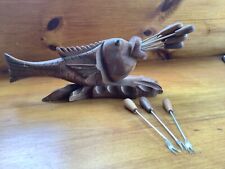 Mid Century Wooden Fish Fondue Fork Set Hand Carved Vintage Pickle Olive Wood