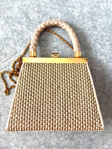 Beige gold woven handbag long - handbag,