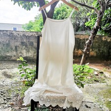 Women Cotton Underdress Lace Embroidery Hem Strappy Full Slip Dress Petticoat