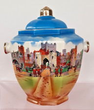 Beautiful Antique Newhall Pottery Biscuit Barrel "Tower of London"18.5 cm tall