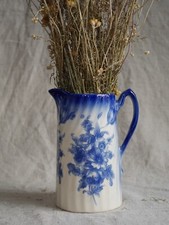 Vintage Blue and White Pitcher, English Pottery, Flow Blue Jug Small Flower Vase