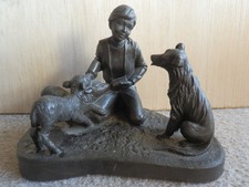 Heredities - Bronzed Sculpture Of A Shepherdess Feeding Two Lambs