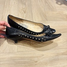 Emma Hope Vintage Black Leather Kitten Heels – Polka Dot Cut-Out – UK Size 5.5