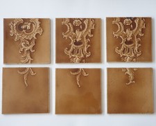 Set of 6 Art Nouveau Fireplace Majolica Brown Glaze Tiles Sherwin & Cotton C1900