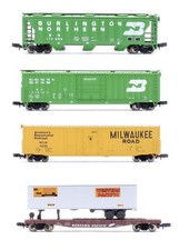 CON-COR 'N' GAUGE LOT OF 4 FLAT/TRAILER / GRAIN/COVERED HOPPER/BOXCAR WAGONS