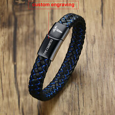 Custom Engraving Medical Alert ID Leather Bracelet Men Braided Stainless Steel