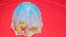 EDWARDIAN HEXAGON ETCHED BLUE  FLORAL GLASS GAS LAMP SHADE
