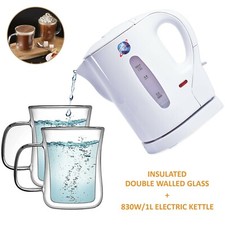830W WHITE 1L ELECTRIC CORDLESS KITCHEN KETTLE With 350ML Insulated Glass Mugs