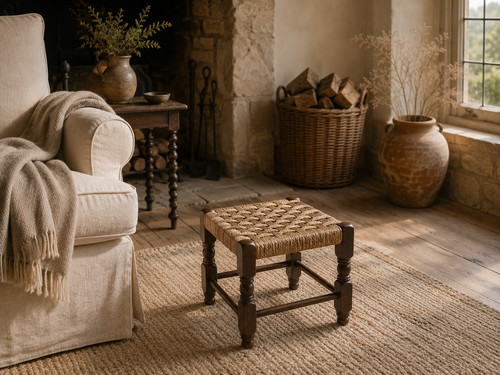 Vintage rush stool low - rush, oak
