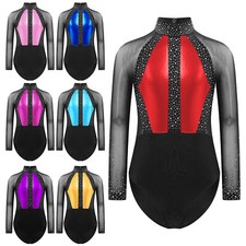 UK Gymnastics Leotard Girl's Sparkle Long Sleeve Ballet Dance Metallic Costume