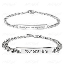 Personalised Steel ID Bracelet Men & Women Custom Engraved Name Date for Couples