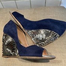 RUPERT SANDERSON WEDGE PEEP TOE SHOES SILVER SWIRLY METAL WEDGE SZ 5 See Photos