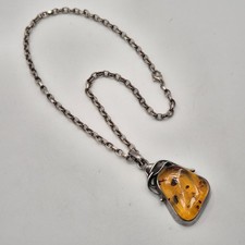 Sterling Silver And Baltic Amber Large Chunky Nouveau Style Pendant Necklace 925