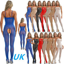 UK Womens Round Neck Bodysuit Sexy Glossy Sleeveless High Cut Leotard Catsuit