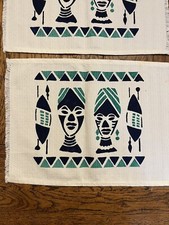6 African Hand Printed Tribal Blue Green Table Place Mats Cotton Unused