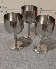 Vintage Retro Modernist Stainless Steel Wine Glass Goblets x 3