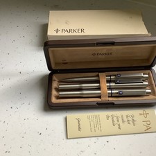 Vintage Parker 25 Stainless Steel Fountain, Ballpoint & Pencil 3 Pc Pen Set