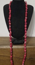 Vintage Red Beaded Necklace With Silver Painted Swirls