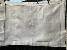 Vintage White Rustic French Linen Tablecloth  With Hand Embroidered monogram D.