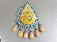 PERSIAN PAINTED MOTHER OF PEARL TURQUOISE STONES DANGLES FINE SILVER PENDANT