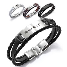 Personalised Mens Leather Bracelet Engraved ID for Him Birthday Christmas Gift