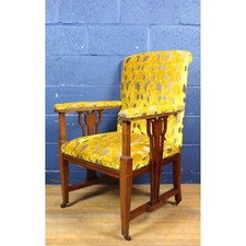 Art Nouveau Carved and Inlaid Armchair Freshly Reupholstered in Stylised Velvet