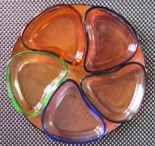 Vintage MCM Five Multi Coloured Glass Storage Dips Snack Dish Set With Teak Tray