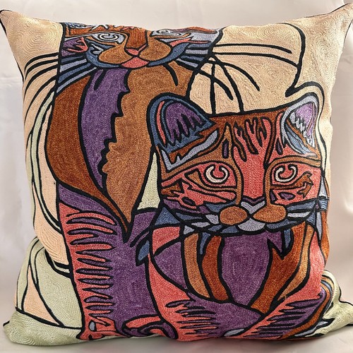 Crewelwork cat cushion cover - cat,
