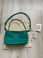 LOEWE Flamenco Teal Leather Drawstring Clutch Bag with Gold Chain – Crossbody