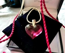 LALIQUE FUCHSIA CRYSTAL HEART~SILK CORD~HALLMARKED SILVER CHAIN ~ OUTSTANDING