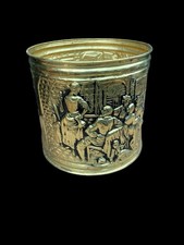 Vintage Brass Coal Log Bucket / Tall Round Cylinder Planter