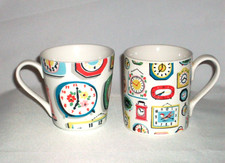 Cath Kidston Unusual Set of 2 Different Clocks China Coffee Mugs in White &Multi