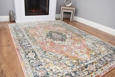  Pink Vintage Traditional Rug Distressed Faded Bohemian Classic Medallion Mat 