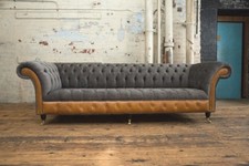 MODERN 4 SEATER SLATE GREY VELVET & VINTAGE TAN LEATHER CHESTERFIELD SOFA, 