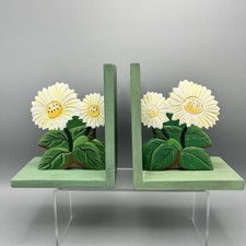 Wooden Bookends Pair Sunflowers Green Hand Painted Garden Books Kitchen Library