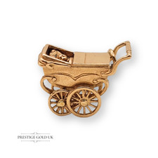 Large 9ct Gold Pram Charm With Baby, Old Fashioned Coach Built Pram