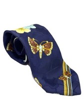 Vintage Leonard Paris Blue/yellow Gem Butterfly And Flowers Print 100% Silk Tie