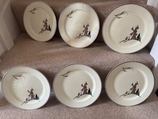 Rare Set Of 6 Midwinter WINDMILL PATTERN Art Deco 10"/25.5cm Dinner Plates, 1934